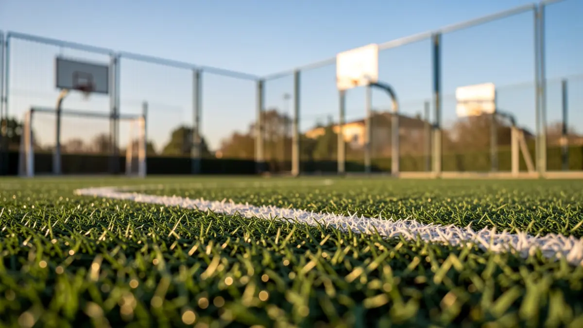 Detail of artificial turf on an outdoor sports court with basketball elements in the background.