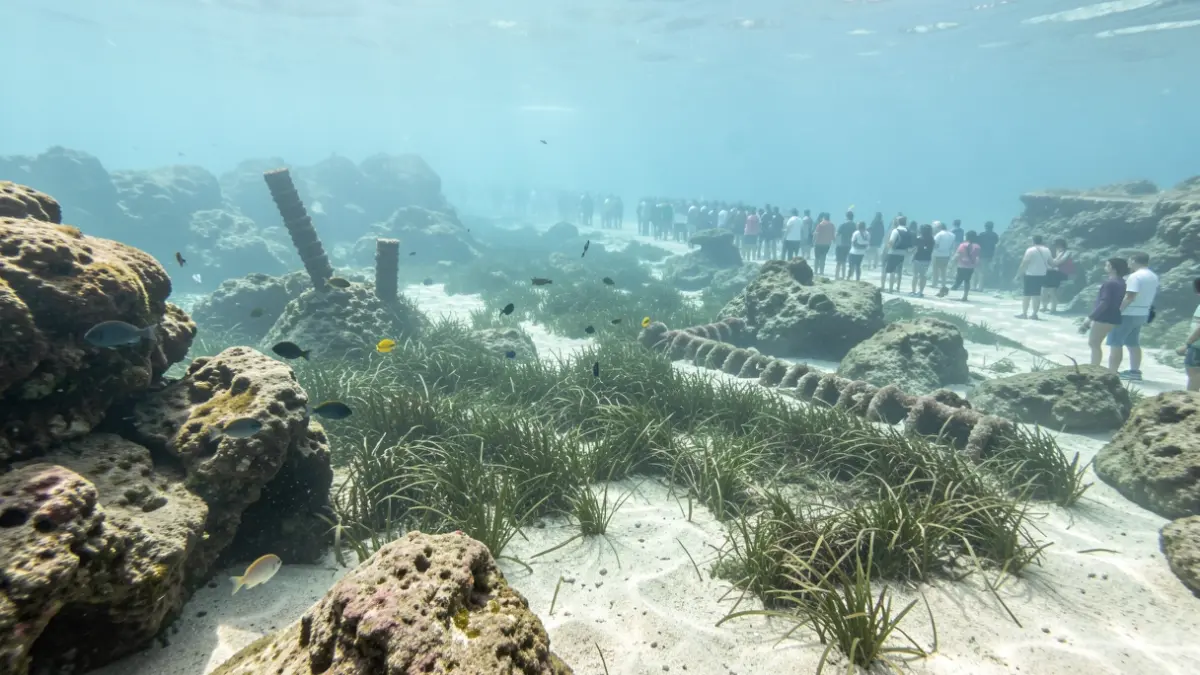 Imagen submarina del fondo marino de Torredembarra con diversas especies y formaciones rocosas.
