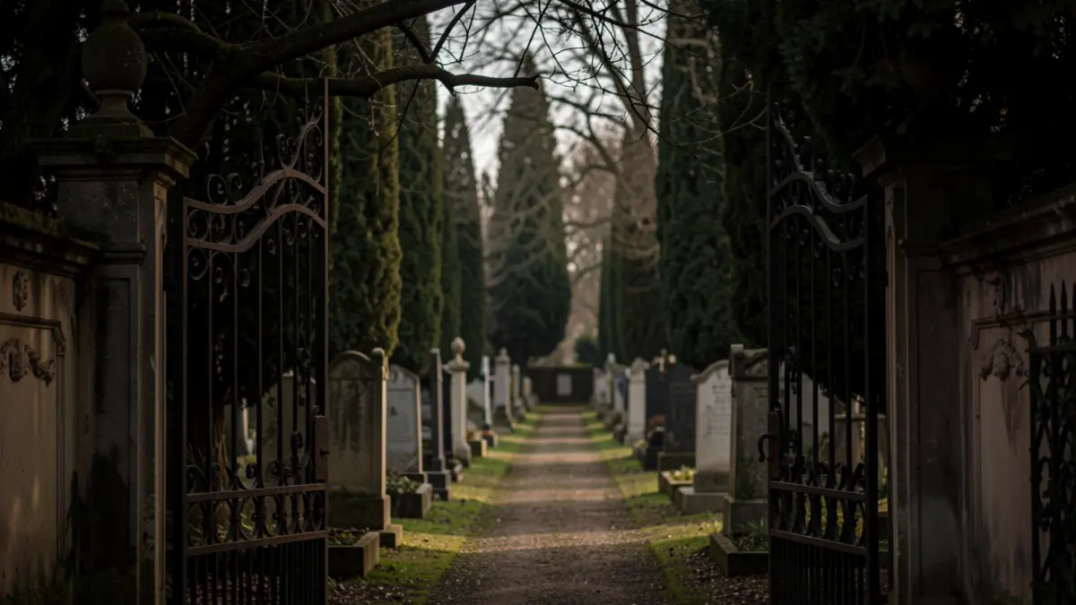 Entrance to an old cemetery with a path and tombstones, illuminated by diffused light.