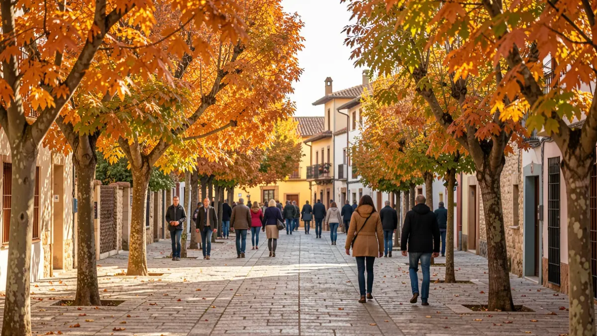 Imatge genèrica de paisatge tardorenc a Vilobí del Penedès amb arbres de colors vius i arquitectura tradicional.