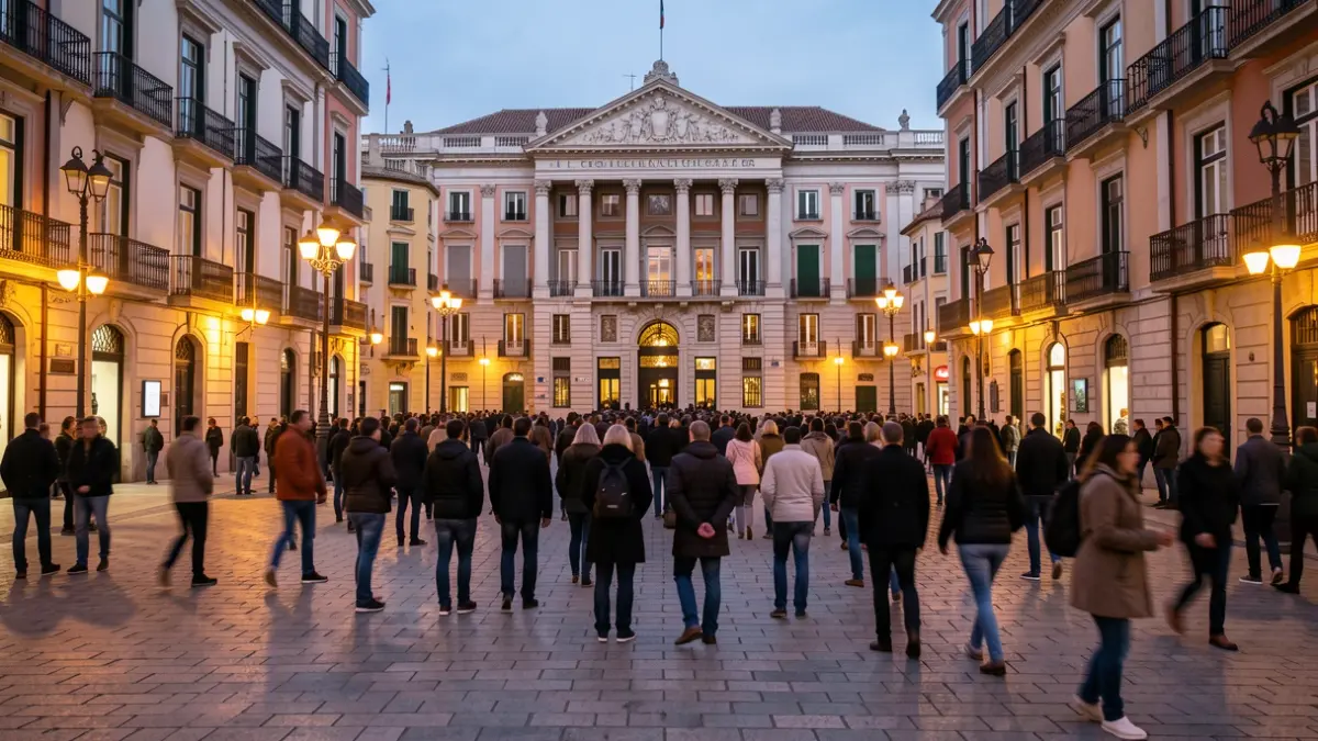 Imatge genèrica d'una plaça de Barcelona al vespre amb una manifestació.