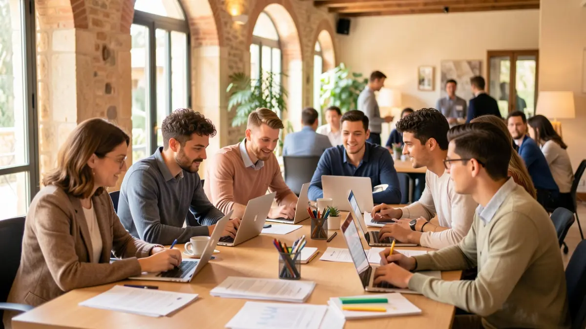 Young people collaborating on an innovative project in a Mediterranean business environment.
