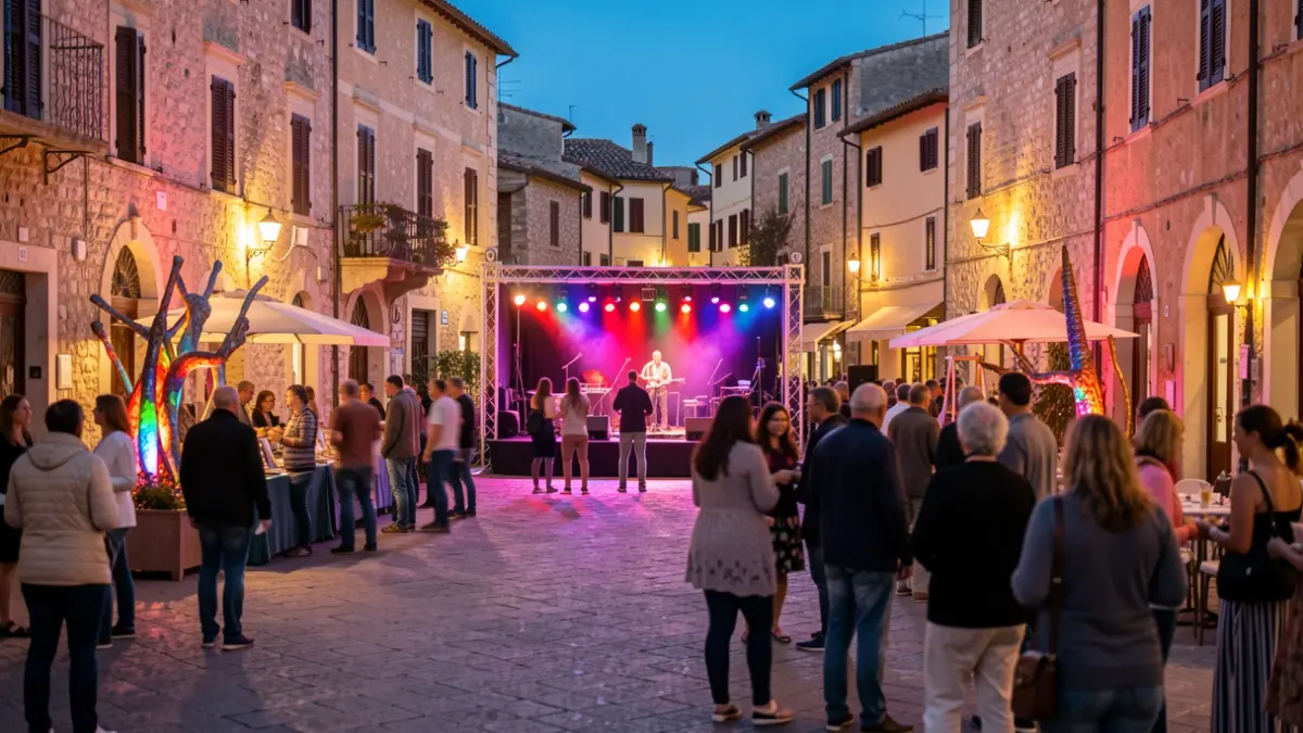 Imatge genèrica d'un festival cultural a una plaça de poble mediterrani al vespre.