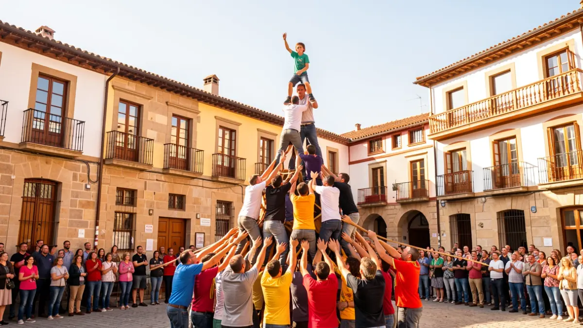 Imatge genèrica de castellers construint una torre humana en una plaça catalana.