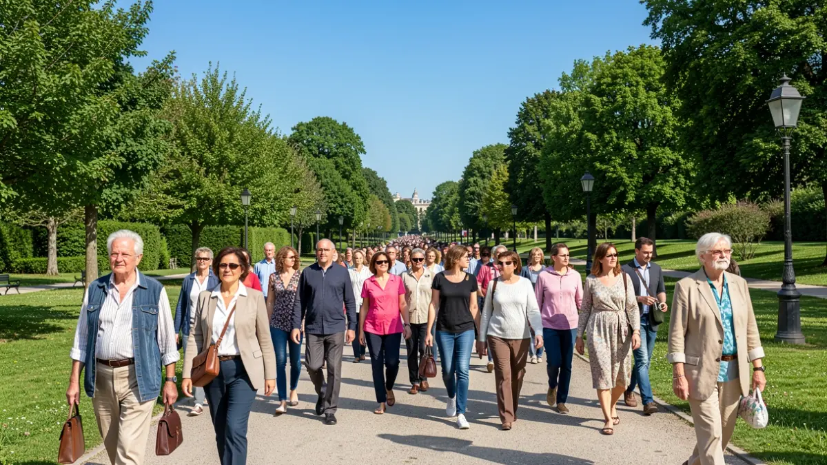 Imagen genérica de personas de diferentes edades caminando por un parque.