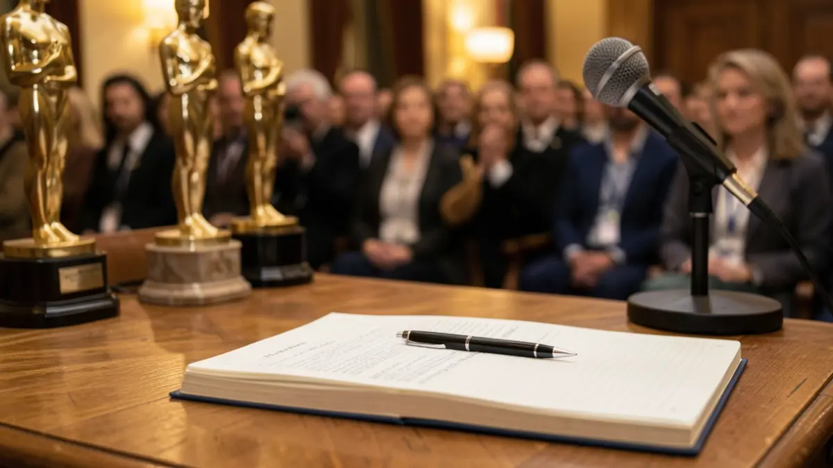 Generic image of a journalist's notebook and pen, with blurred awards and a microphone in the background.