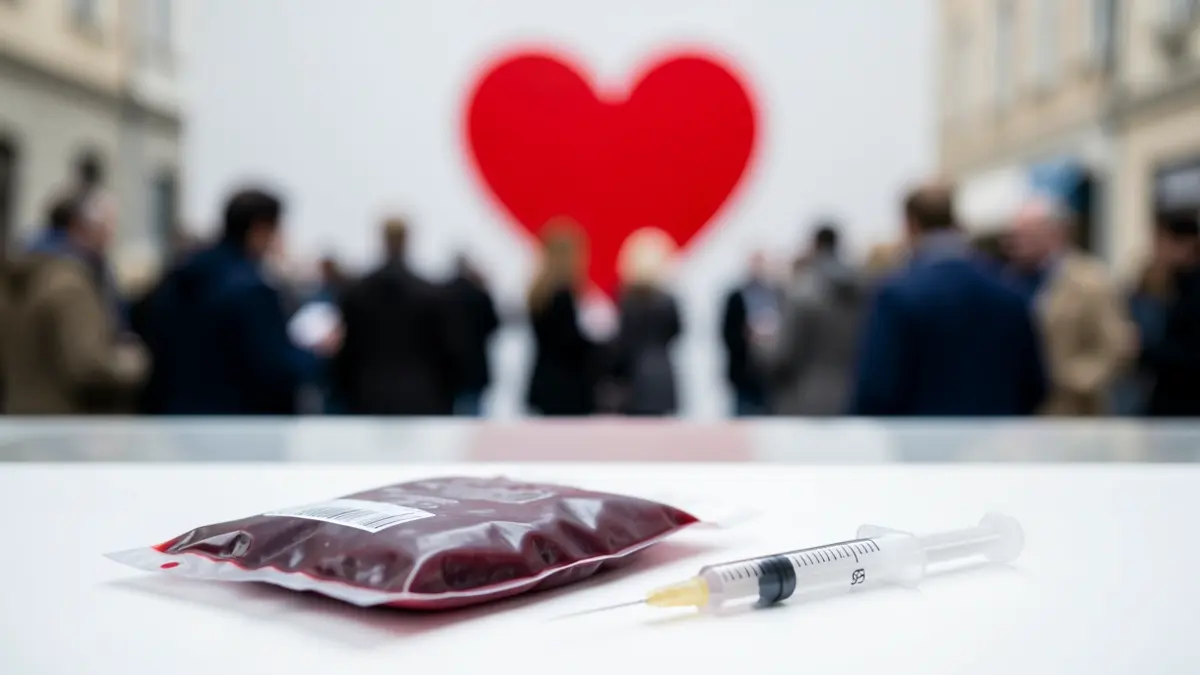 Imagen genérica de una bolsa de sangre y una jeringa sobre una superficie blanca.