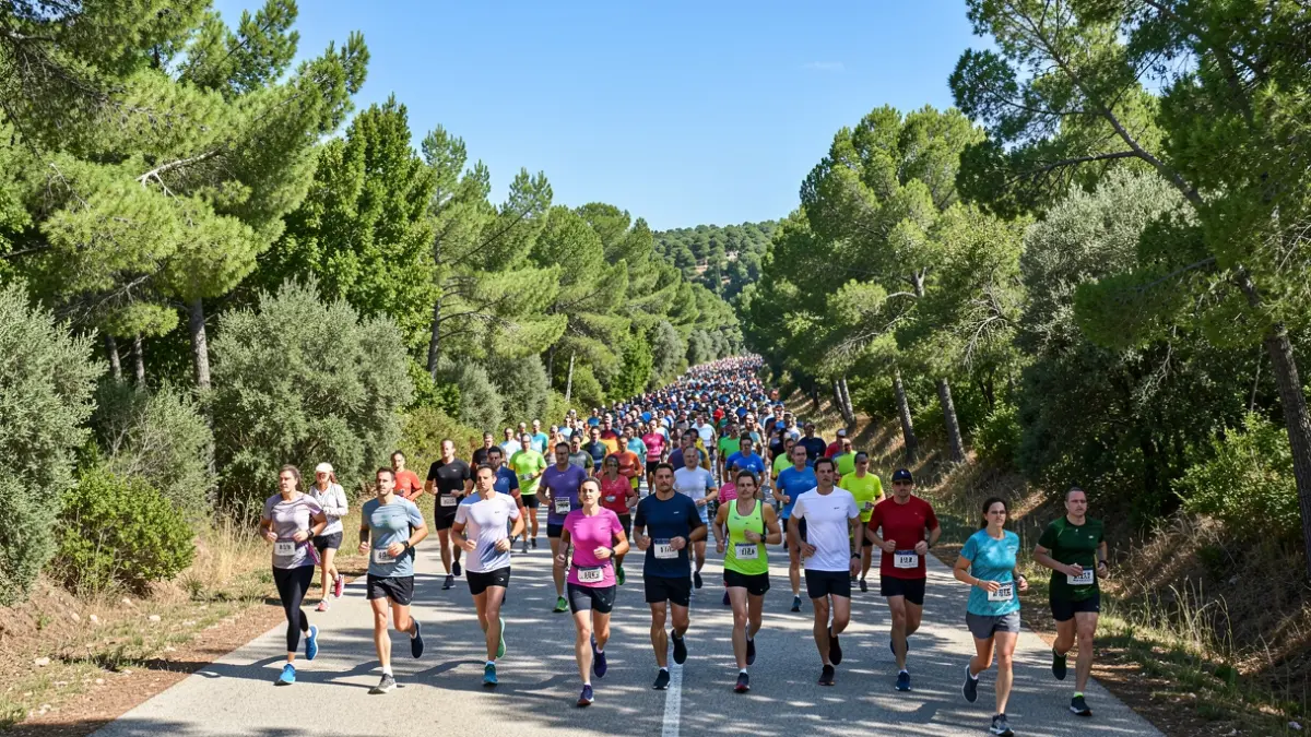 Participants in a popular march along a forest path in Montornès del Vallès.