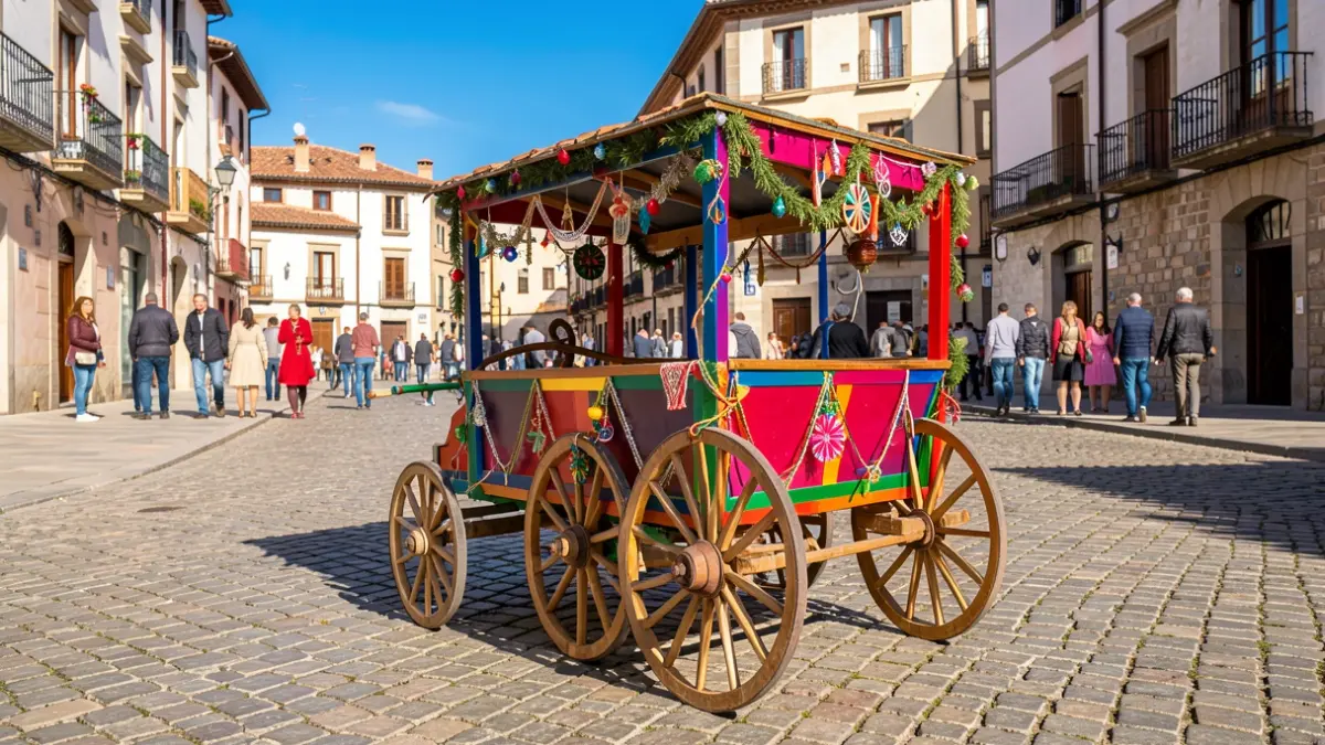 Generic image of a homemade cart decorated for a local festival, parked on a cobblestone street.