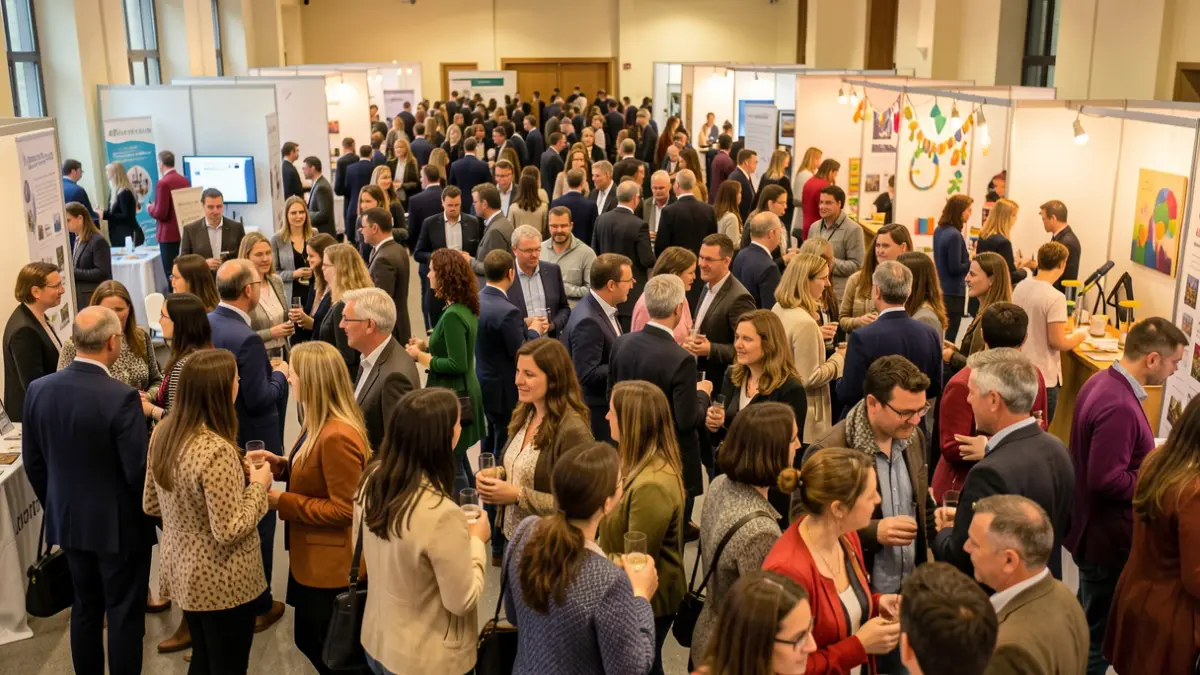 Generic image of diverse people from various nationalities interacting at an indoor event with booths and activity areas.