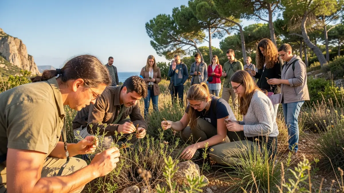 Generic image of university students conducting field practices on biodiversity in a Mediterranean natural environment.