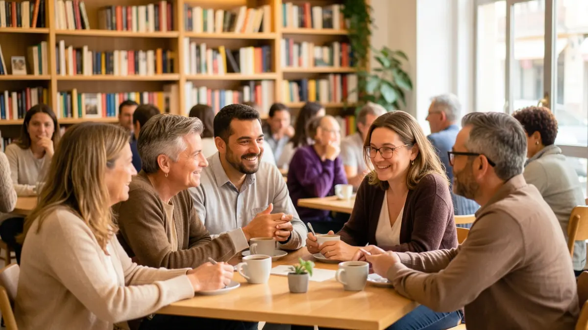 Imatge genèrica de persones parlant en un cafè amb llibres al fons.