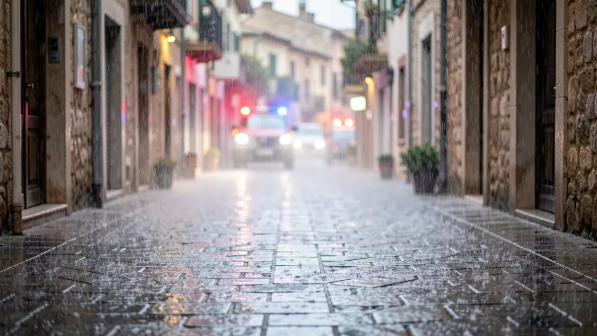 Calles de Cataluña bajo una lluvia intensa y luces borrosas.