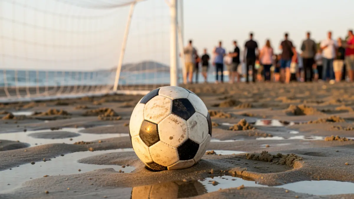 Beach soccer ball on the sand with the sea in the background.