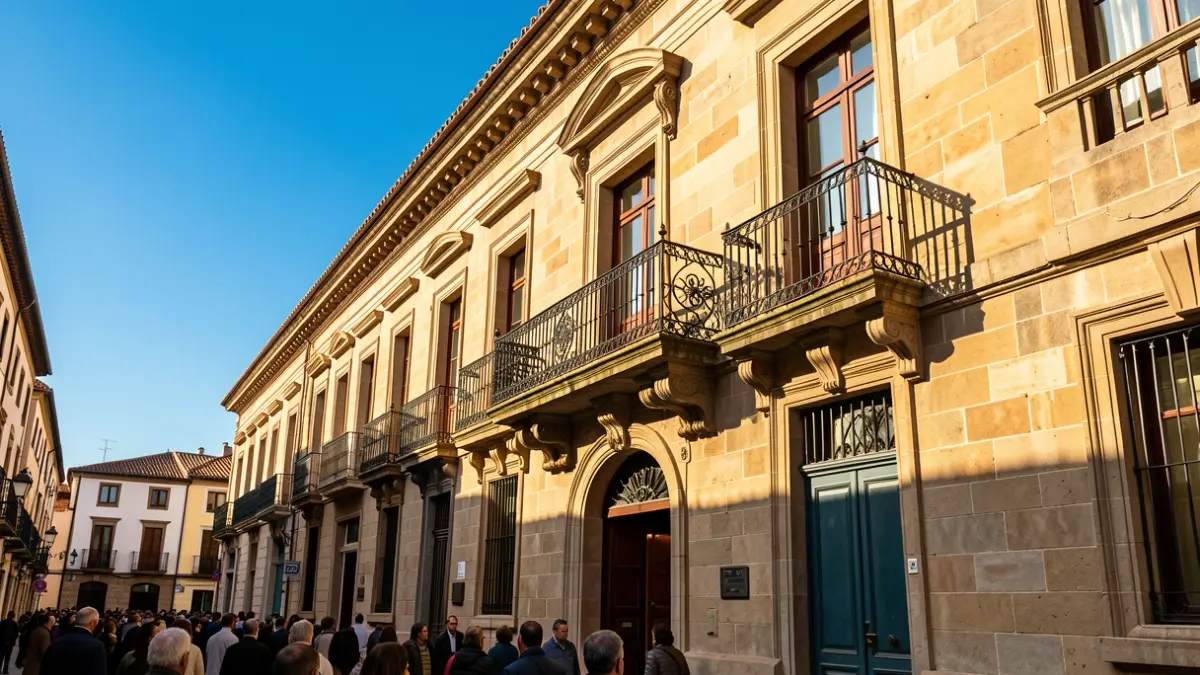 Facade of a town hall in Catalunya with a balcony and blue sky.