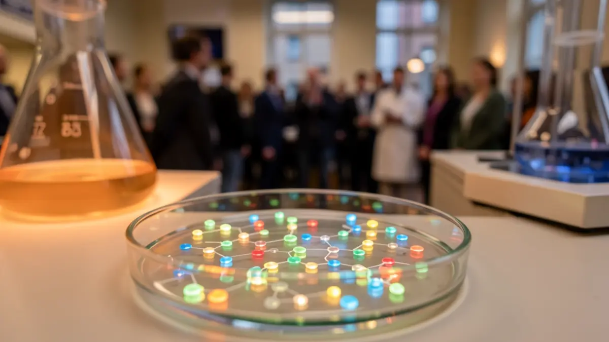 Petri dish with cells and abstract molecular structures in a laboratory.
