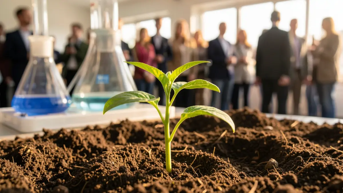 Imatge genèrica de plantes de patata i arròs en terra fèrtil, amb equipament de laboratori desenfocat al fons.