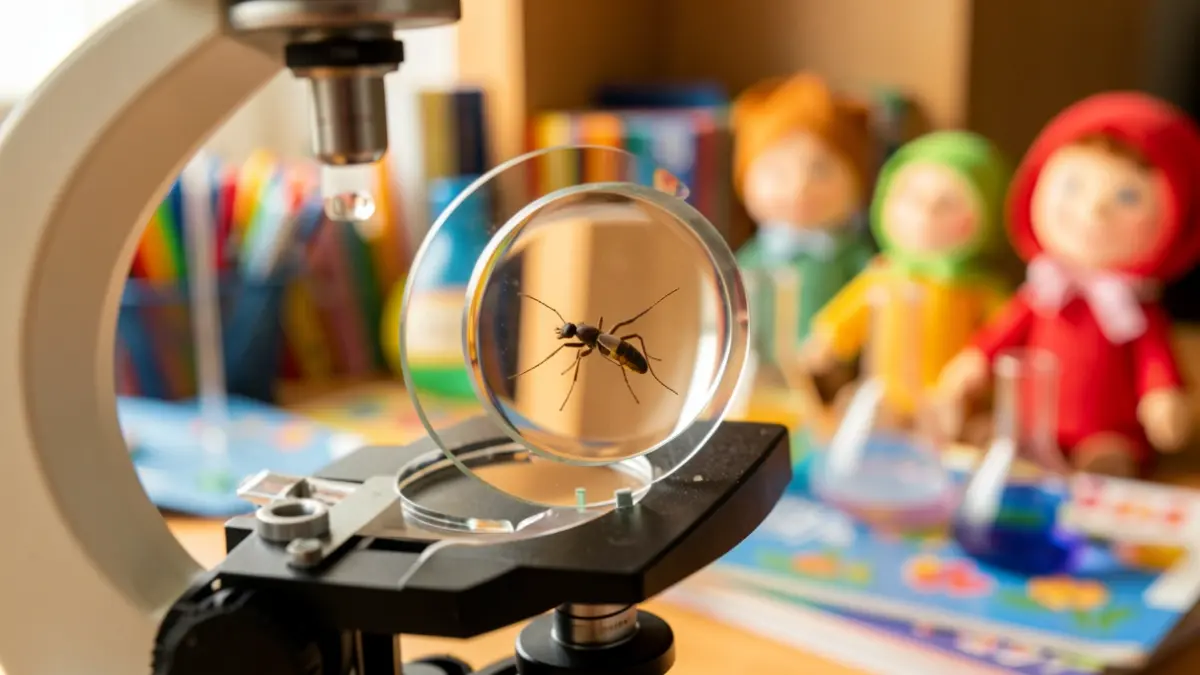 Imagen genérica de un microscopio con un insecto ampliado, con un fondo difuminado de materiales educativos y títeres.