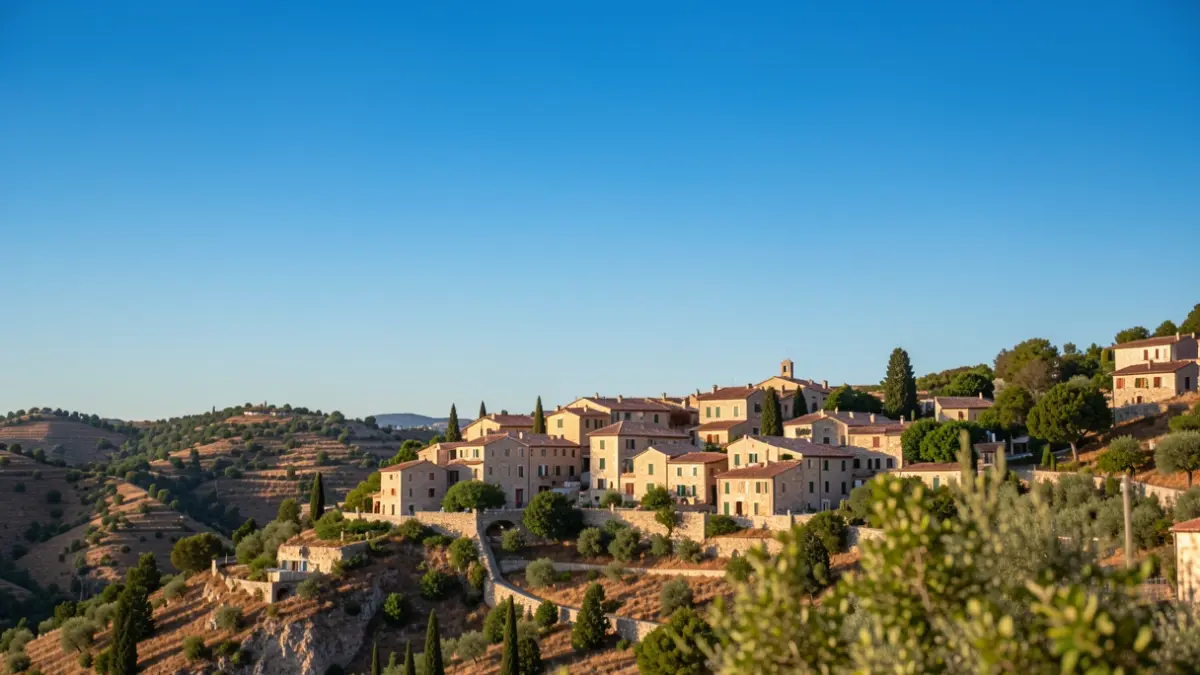 Imatge genèrica d'un cel blau clar sobre un paisatge mediterrani amb un petit poble entre turons.
