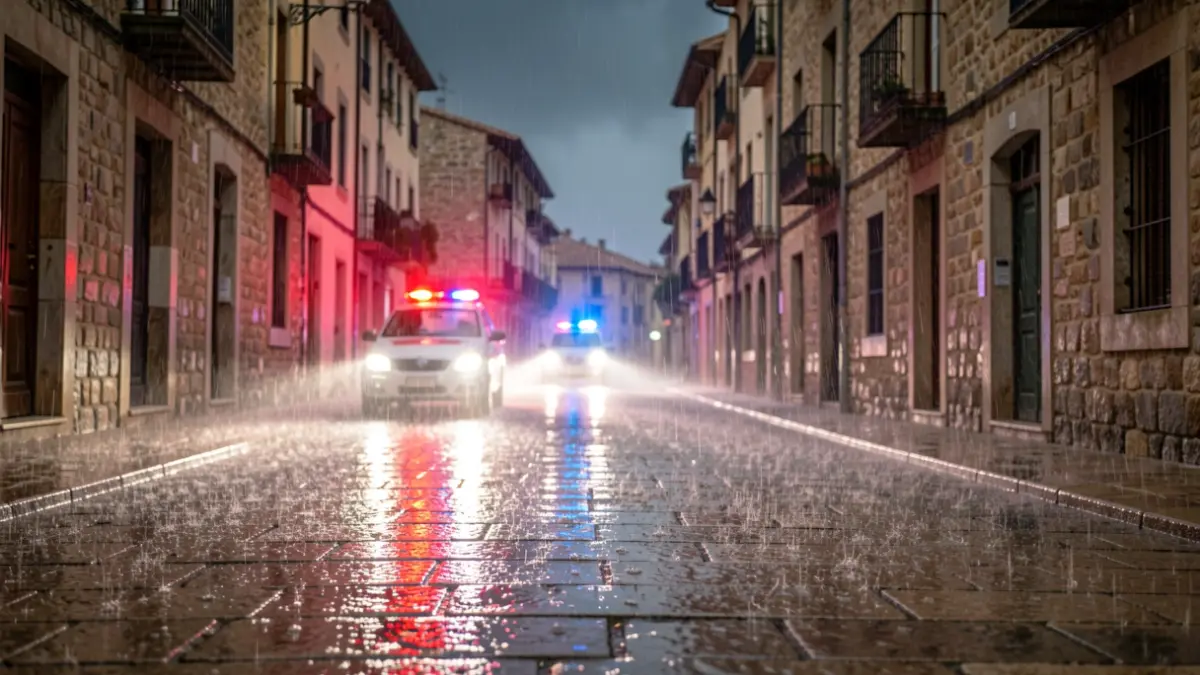 Pluja intensa a Tortosa amb llums d'emergència reflectint-se a l'asfalt mullat.