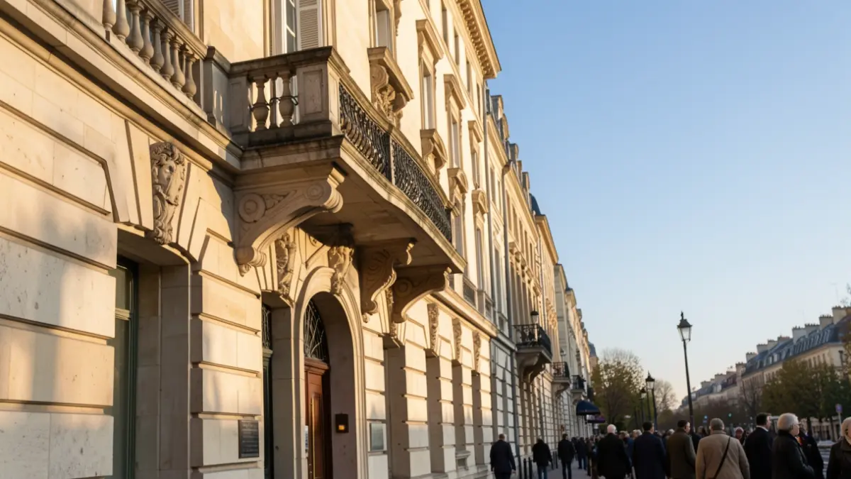 Generic image of a town hall facade with a balcony and blue sky.