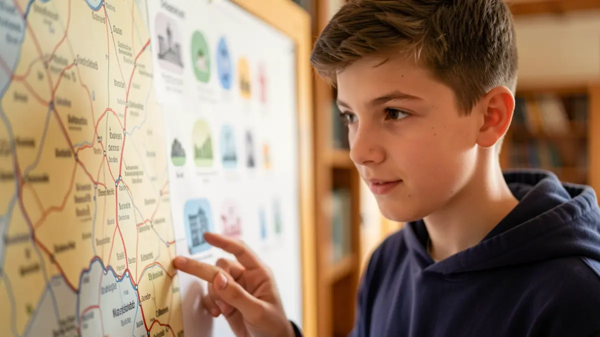 Estudiant jove mirant un mapa de Catalunya amb icones d'estudis al fons.