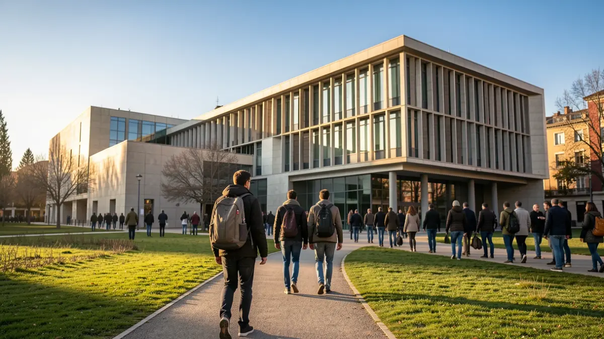 Estudiant caminant cap a un edifici universitari a Catalunya.