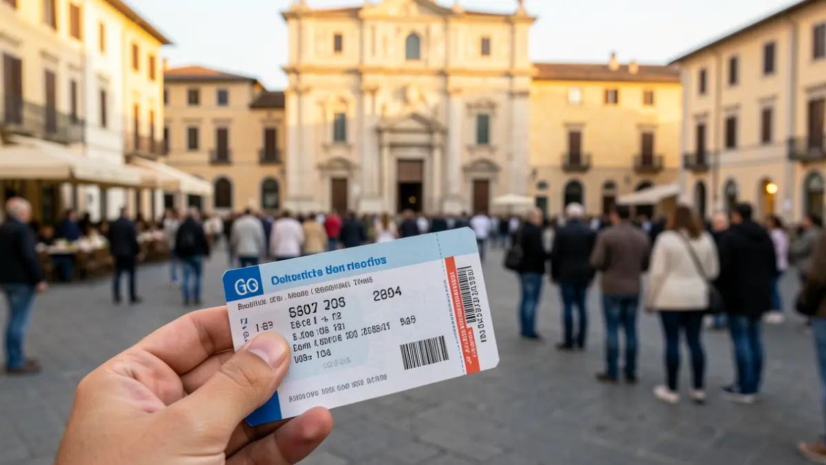 Young person with a bus ticket in front of the Seva Town Hall.