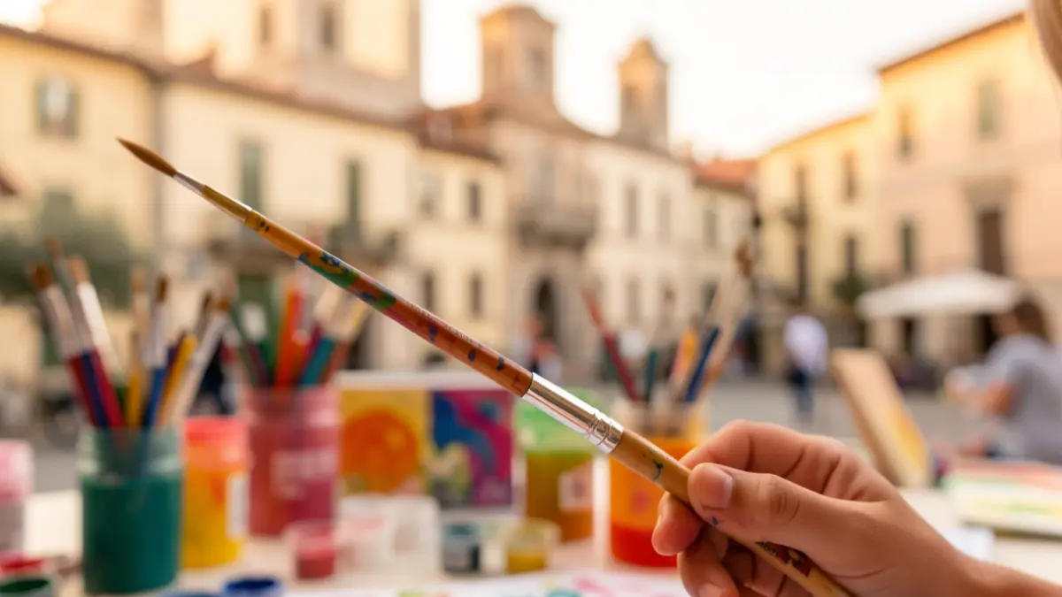 Niña pintando con pincel y colores, con un ayuntamiento al fondo.