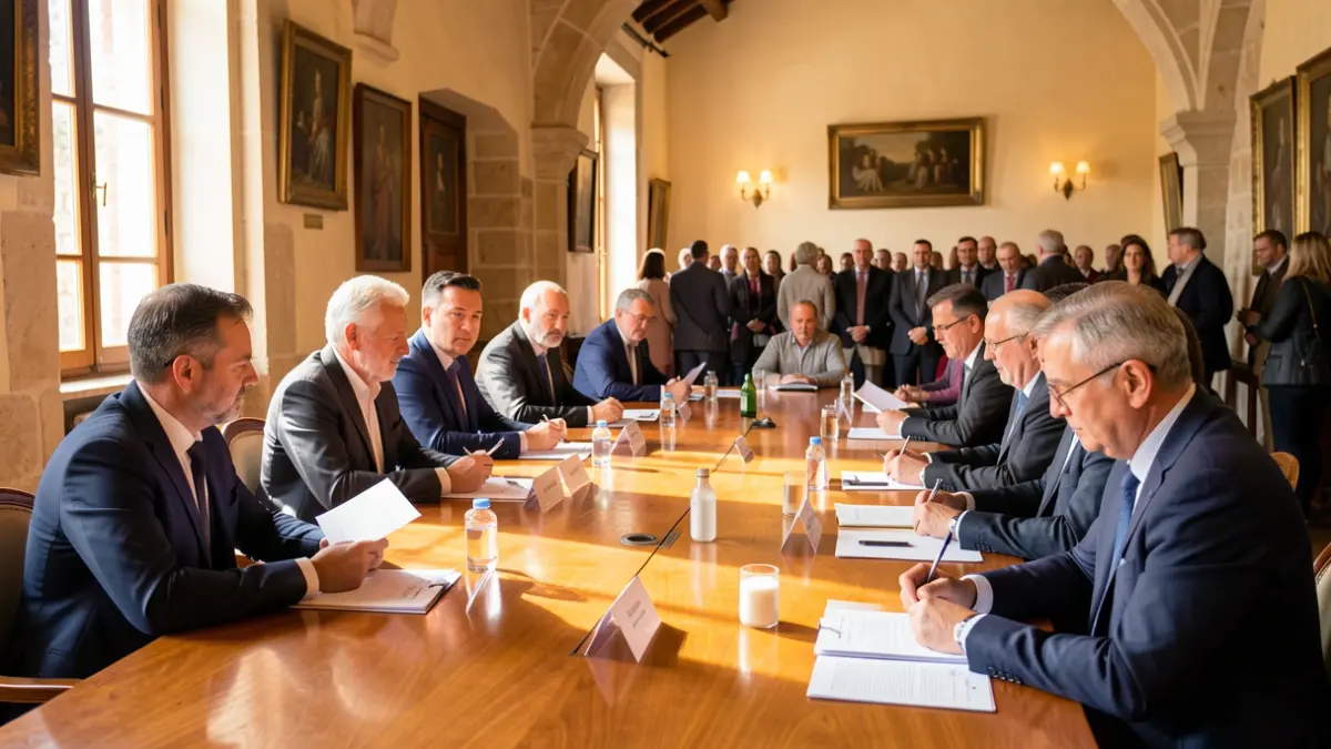 Generic image of a meeting room in a Catalan official building, with a long table and people gathered.
