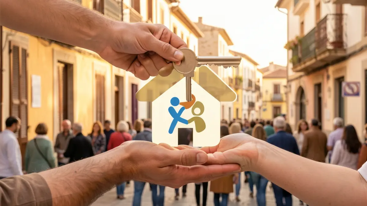 Imatge genèrica de mans oferint una clau davant d'una casa estilitzada amb un símbol de suport social.