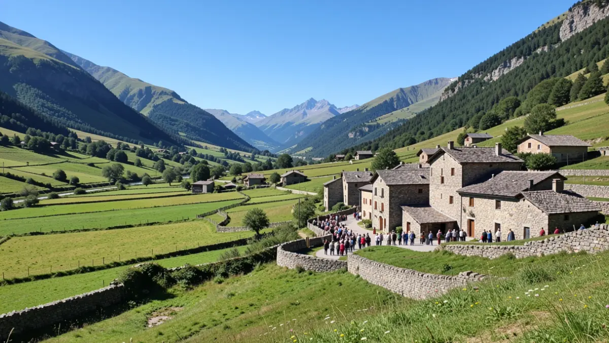 Landscape of Alt Pirineu i Aran with traditional buildings.