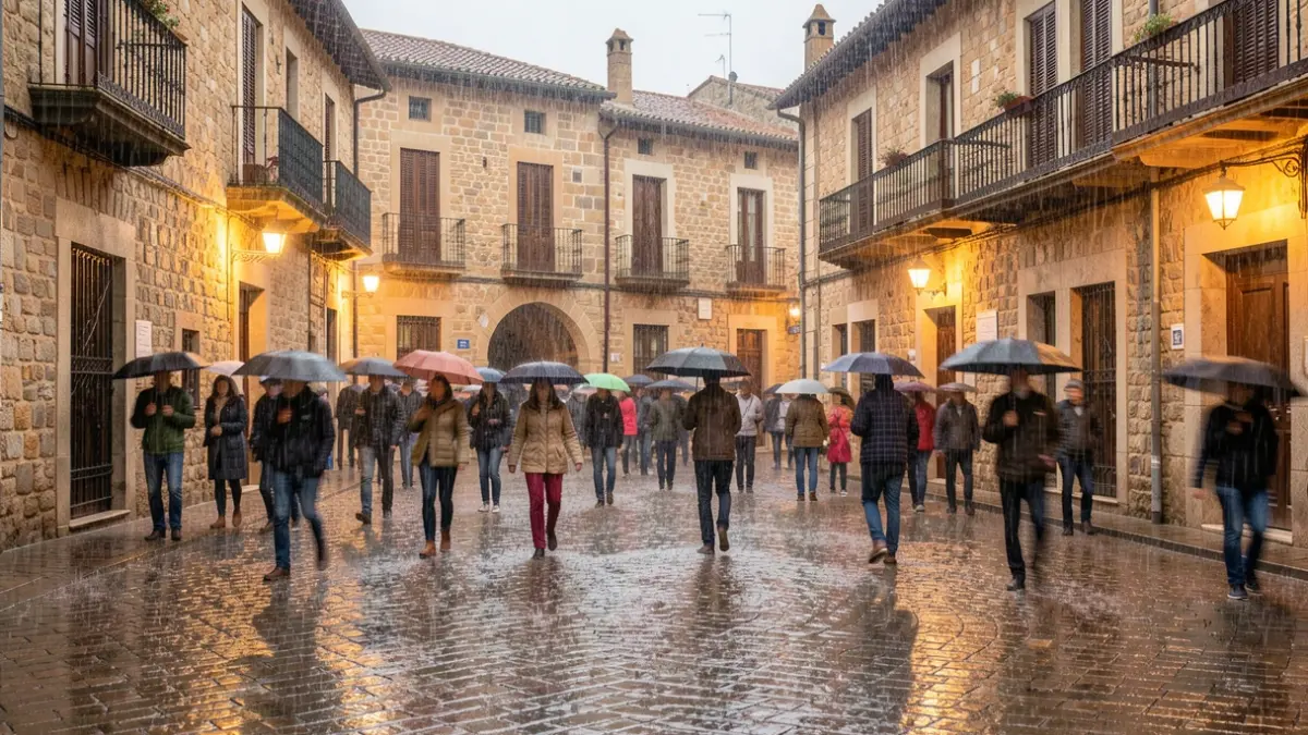 Imagen genérica de lluvia intensa cayendo sobre una plaza de pueblo mediterráneo, con figuras difuminadas de personas llevando paraguas y charcos reflejando los faroles.
