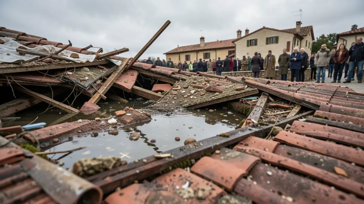 Generic image of roof damage from a storm, with debris and accumulated water.