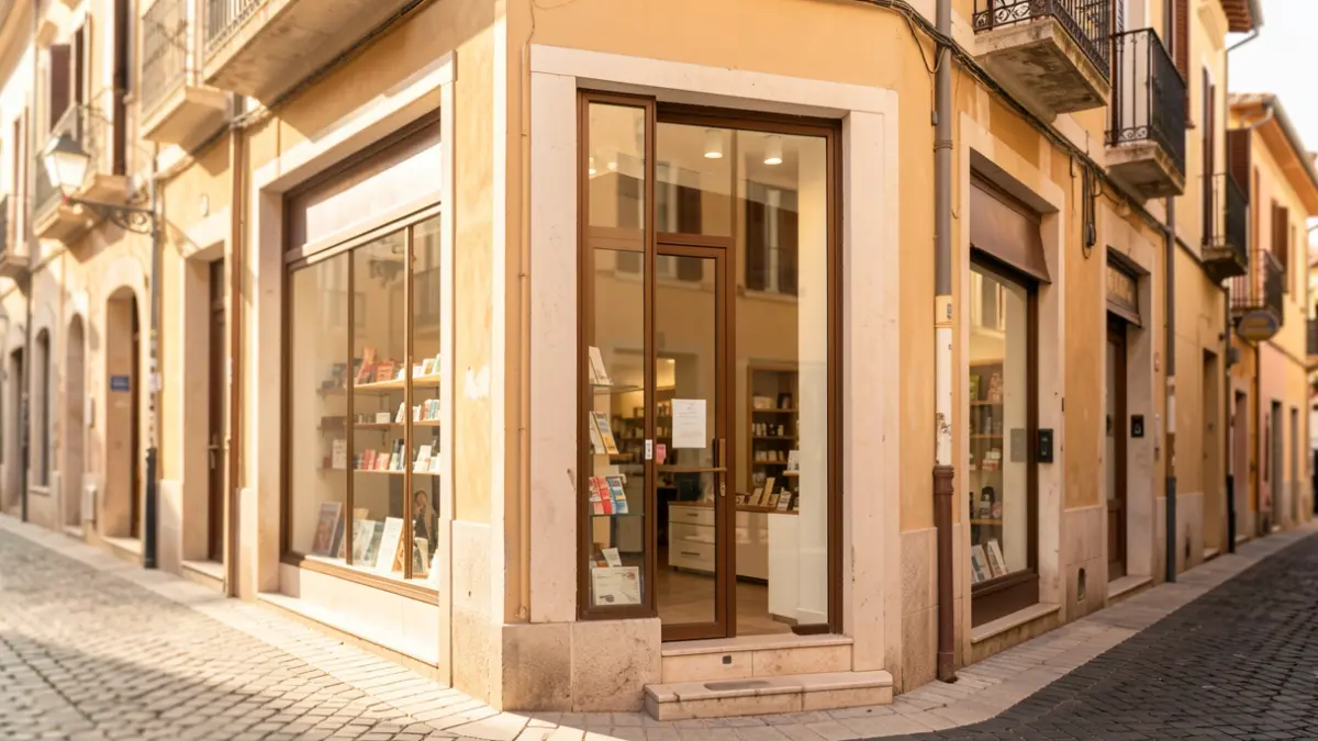 Aparador d'un comerç a peu de carrer en un nucli urbà mediterrani.
