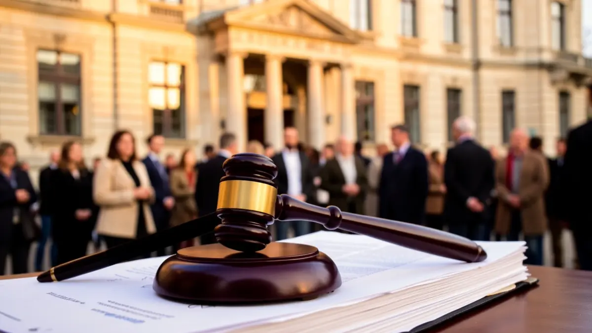 Imatge genèrica d'un mall judicial sobre documents legals, amb la façana d'un ajuntament al fons.
