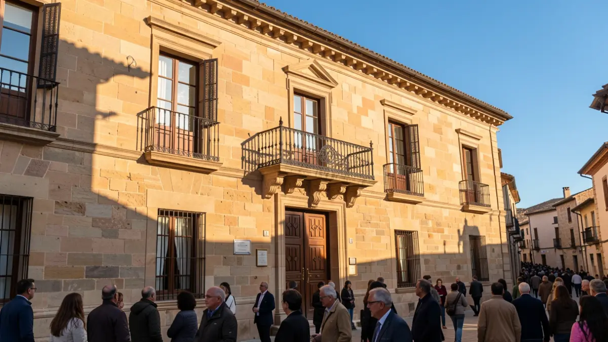 Fachada del Ayuntamiento de Alcover con balcón y barandilla de hierro, luz cálida de tarde.
