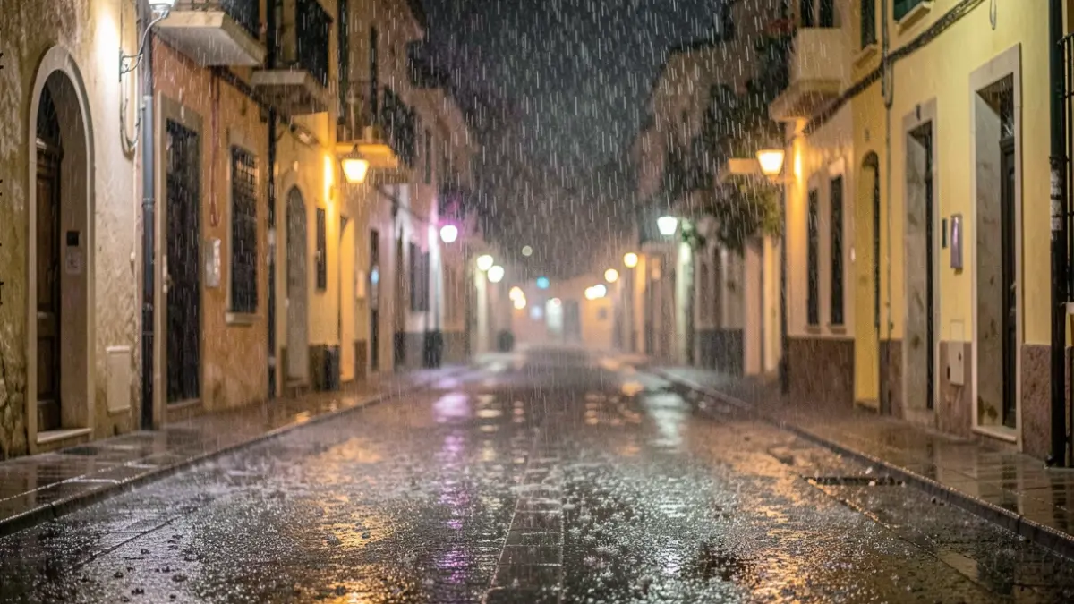 Generic image of heavy rain falling on a Mediterranean street at night, with blurred streetlights and building facades in the background.