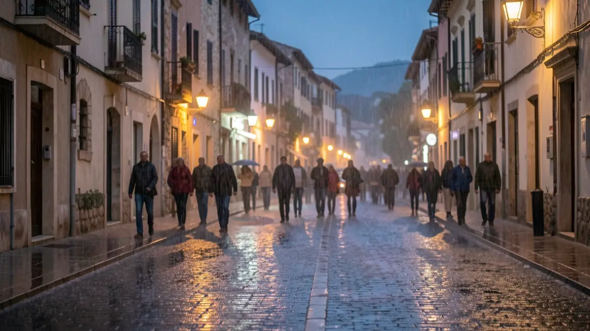 Imatge genèrica de pluja intensa caient en un carrer humit d'una ciutat mediterrània al capvespre.