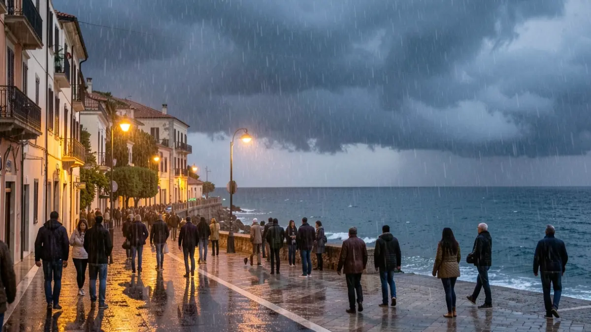 Imagen genérica de lluvia intensa sobre un núcleo urbano costero mediterráneo con nubes oscuras y calles mojadas.