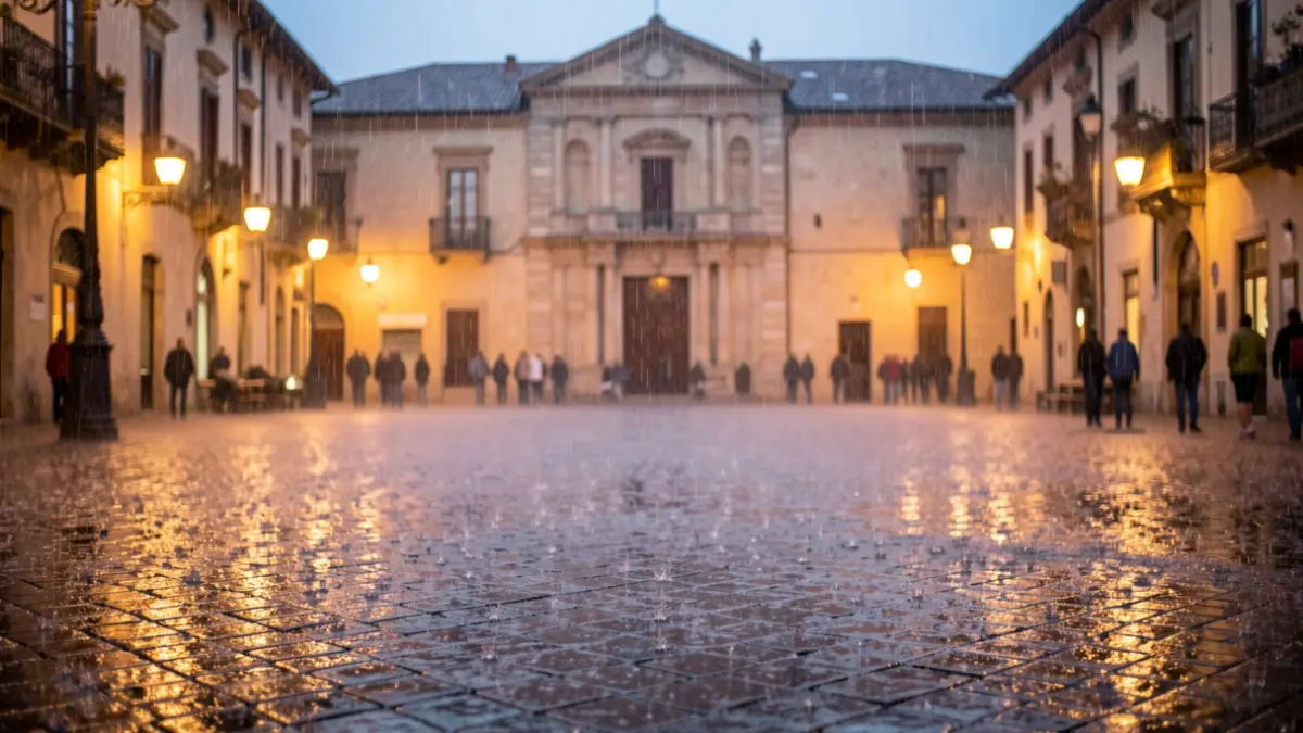 Pluja intensa al vespre sobre una plaça de poble mediterrani amb enllumenat públic.