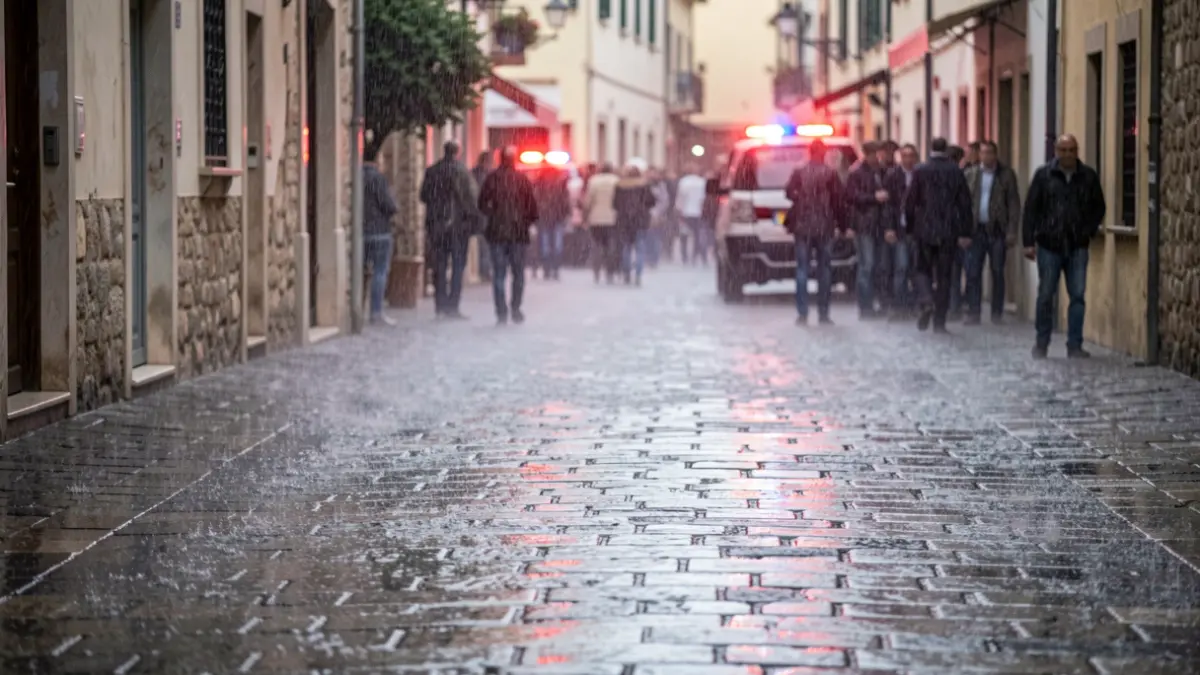 Imatge genèrica de pluja intensa amb llums d'emergència.