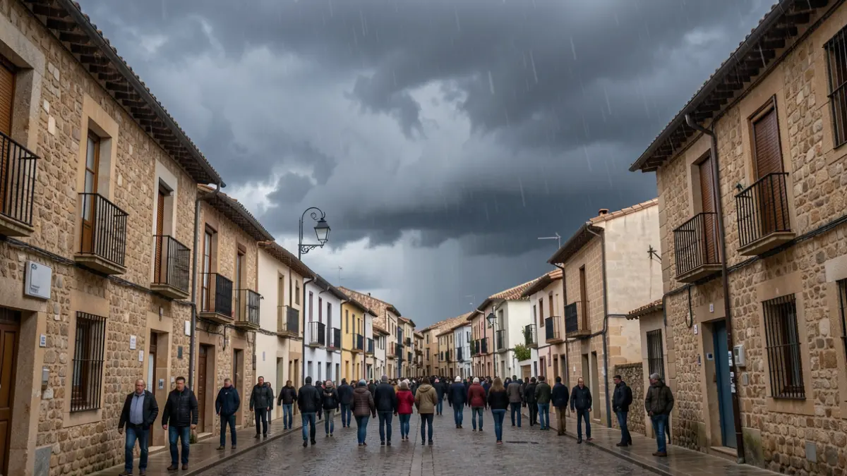 Stormy sky over Llinars del Vallès with Civil Protection warnings.