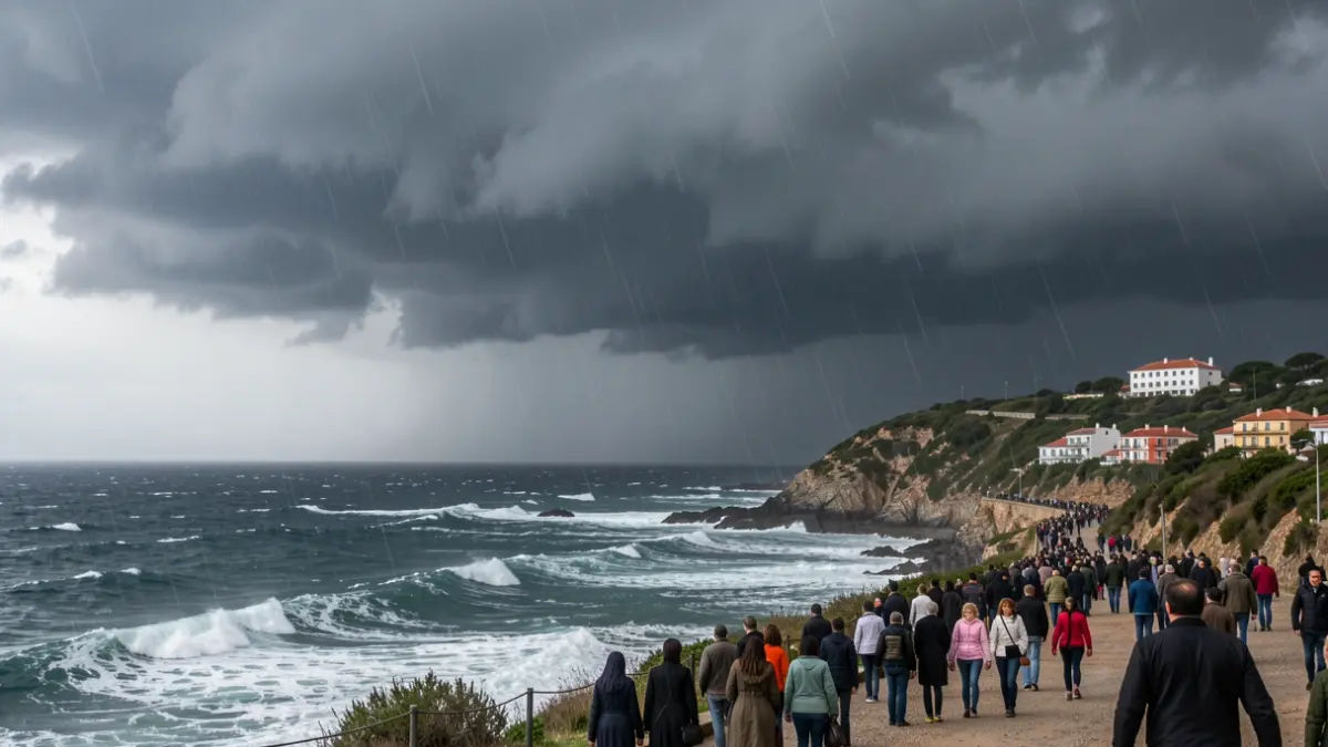 Cel molt ennuvolat amb pluja intensa sobre la costa catalana.