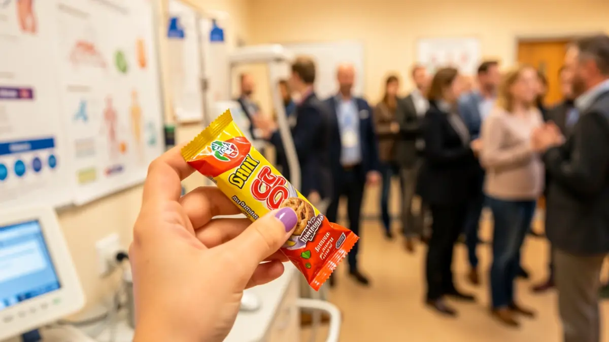 Imatge genèrica d'un nen agafant un aliment processat, amb elements mèdics al fons.