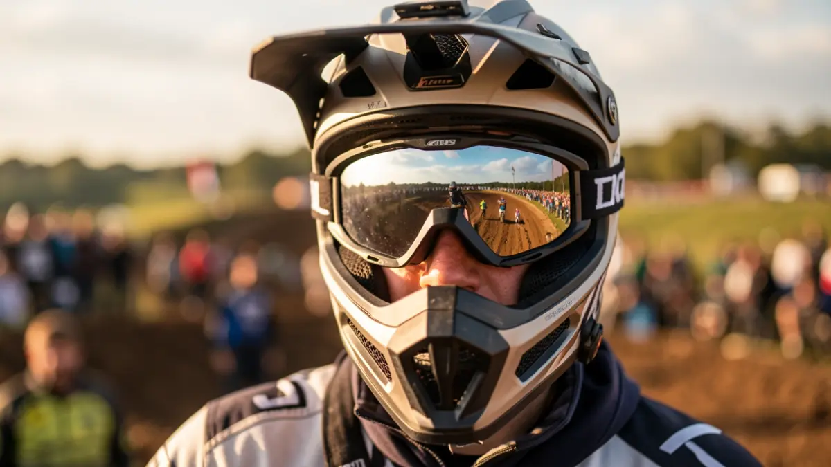Imagen genérica de un casco de motocross con reflejos de la pista.