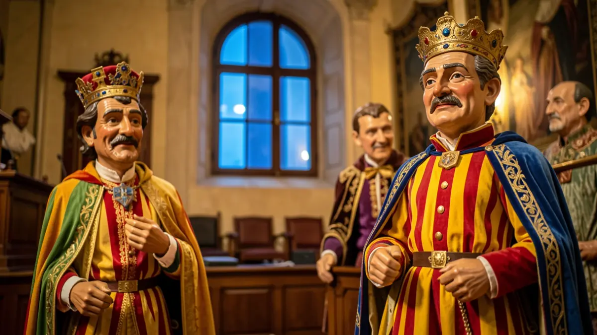 Generic image of giants and 'capgrossos' figures displayed in a plenary hall of a Catalan town hall.