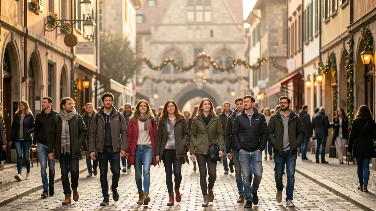 Imatge genèrica d'un grup d'estudiants caminant per un carrer històric amb decoracions festives.