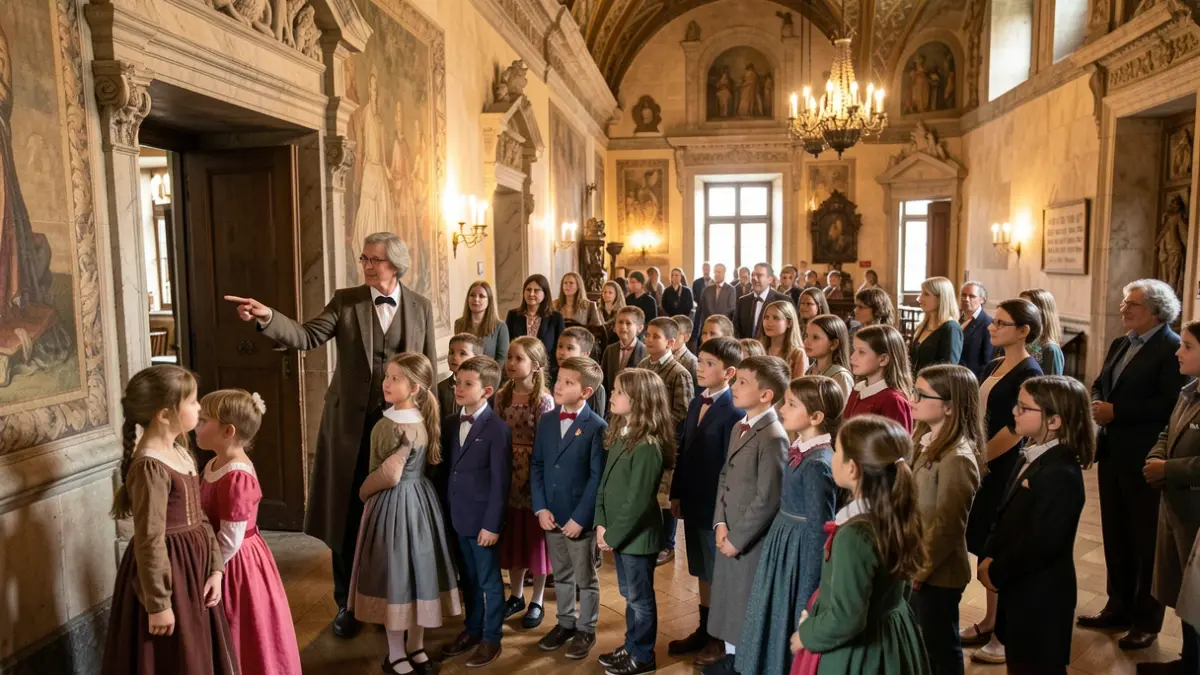 Imagen genérica de niños visitando un edificio histórico con un guía.