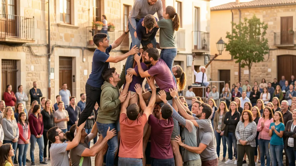 Imatge genèrica de joves participant en un assaig de castells, amb un músic de gralla al fons.